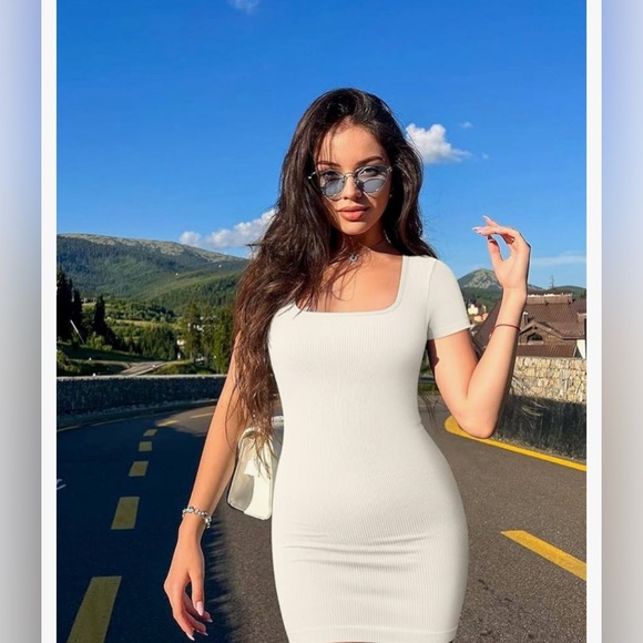 Mini Dress Sexy Ribbed Short Sleeve Square Neck Bodycon Mini Dress.
8048 - Picture 2 of 2